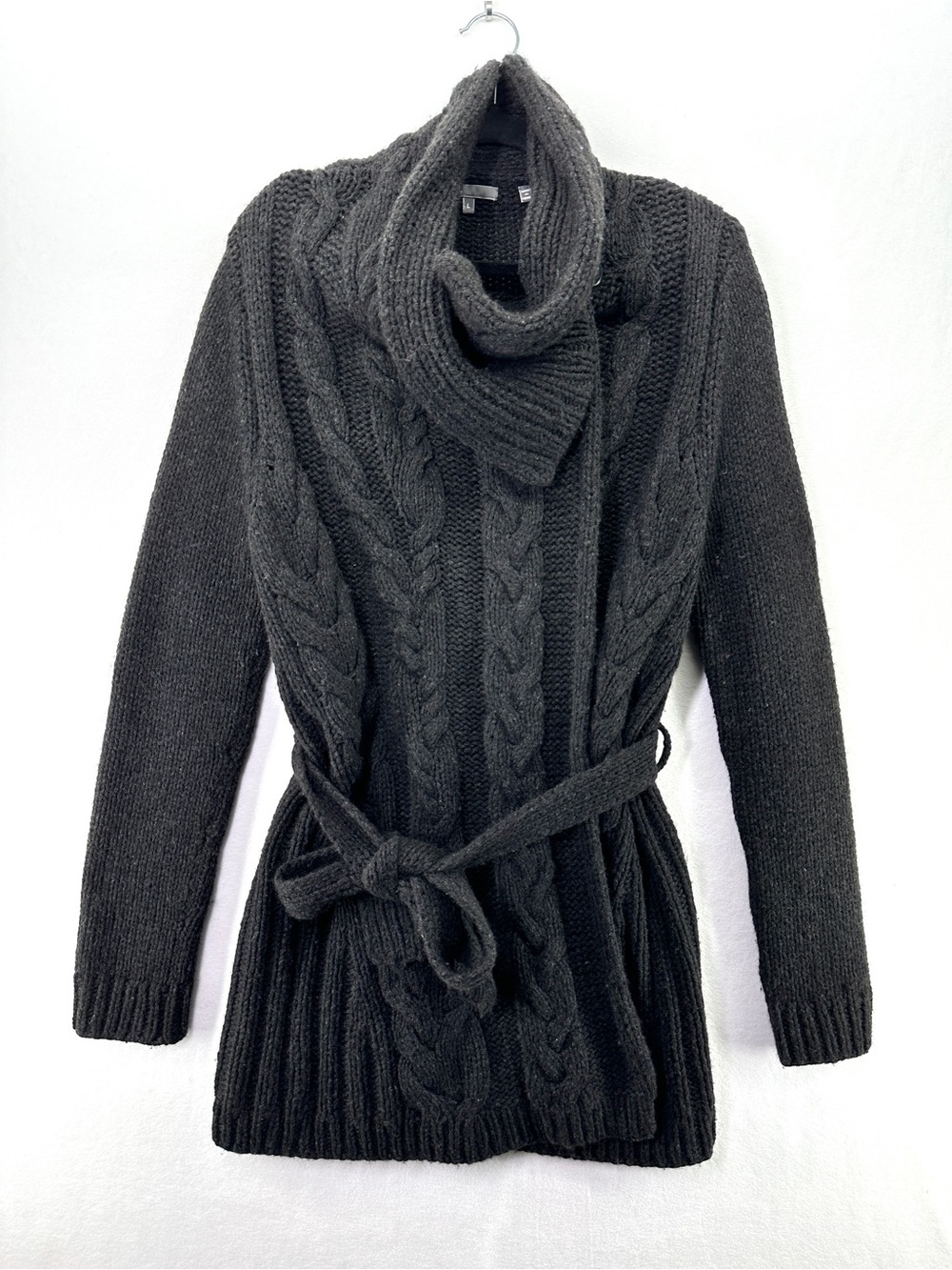 Vince Wool Long Belted Cable Knit Cardigan Wool Yak